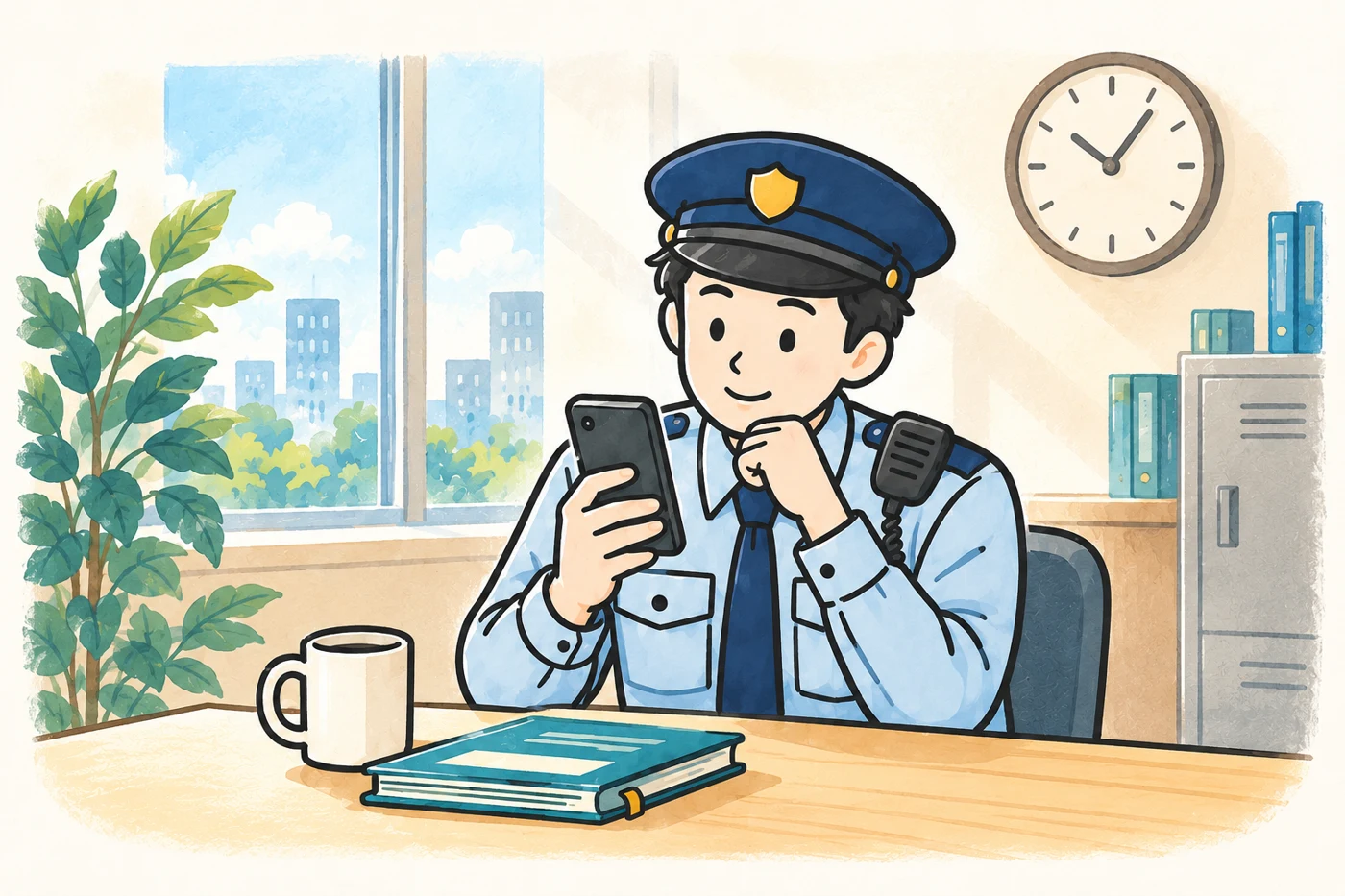 休憩時間にスマートフォンで勉強する警備員のイラスト