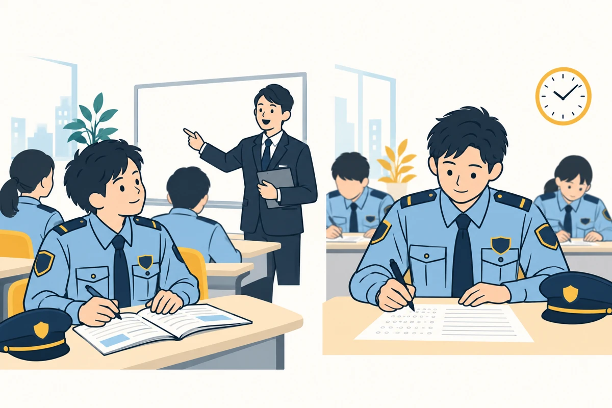 講習を受ける警備員と筆記試験に取り組む警備員