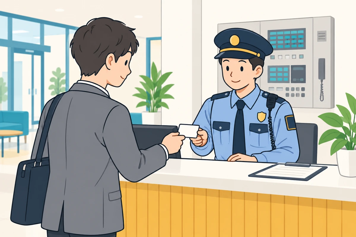 通行証を確認する施設警備員と防災盤