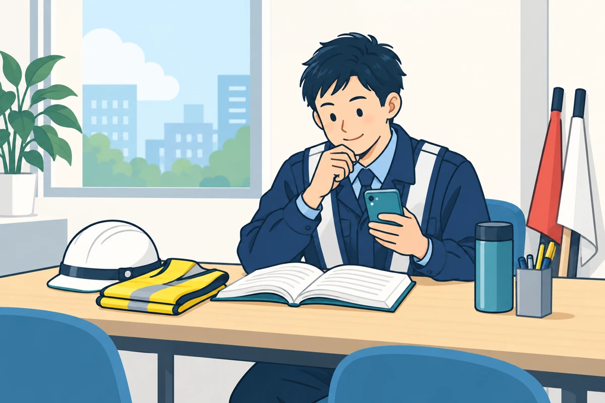 休憩時間に教材とスマートフォンで学習する交通誘導警備員