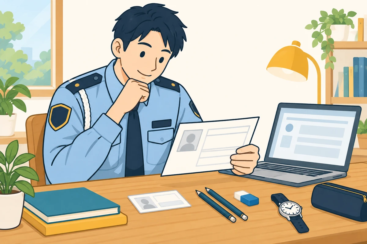 受験票や筆記用具、腕時計などを準備する警備員