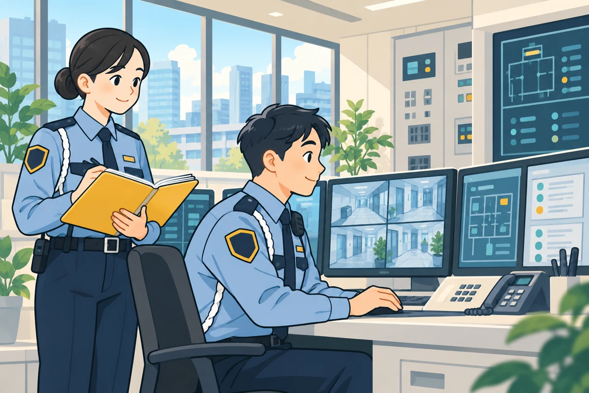 防災センターの監視業務に取り組む警備員