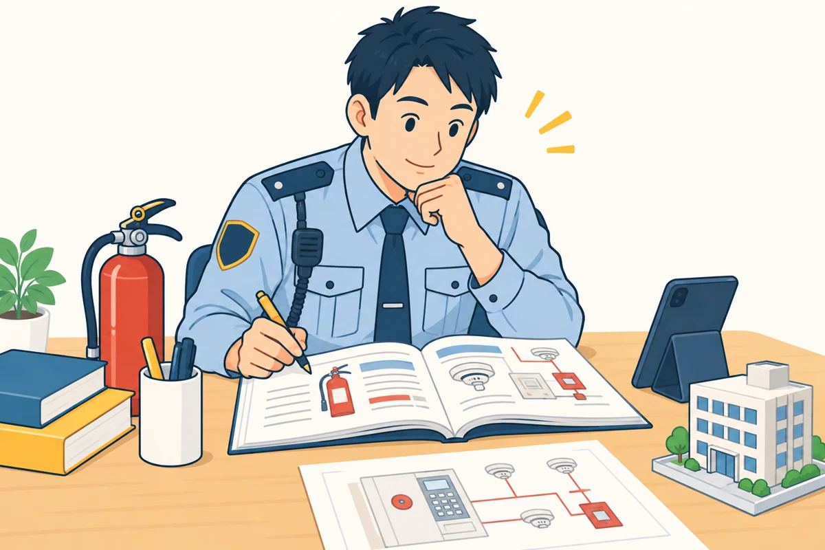 教材とスマートフォンで自衛消防技術試験を勉強する警備員