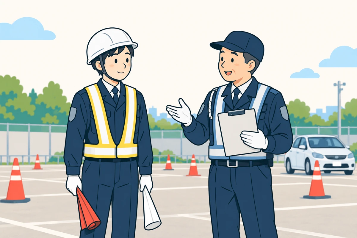 手旗と誘導灯を用意して練習に臨む交通誘導警備員